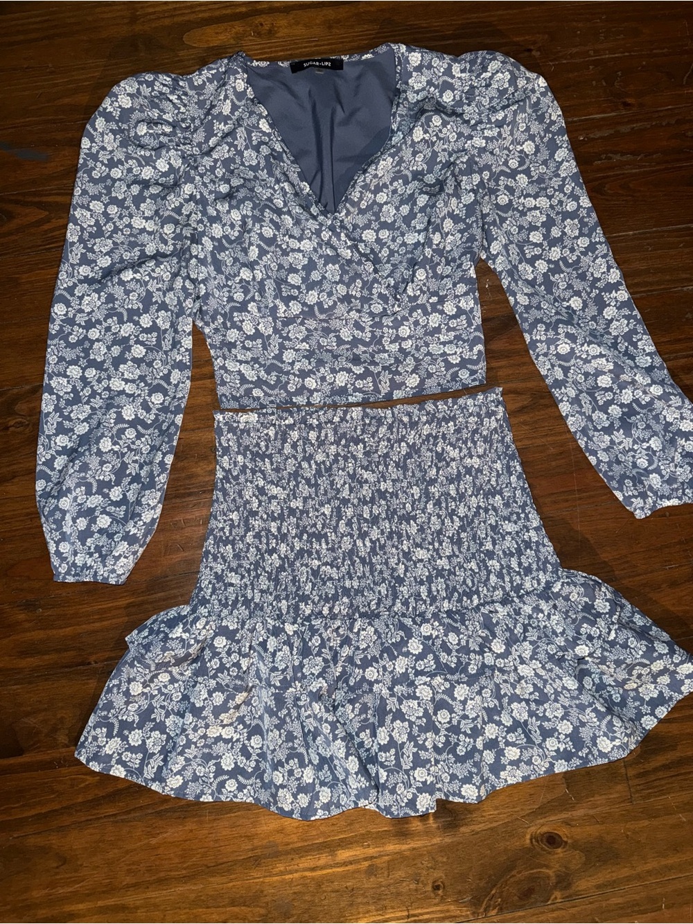 Sugarlips Blue Floral Smocked Two-Piece Dress Set